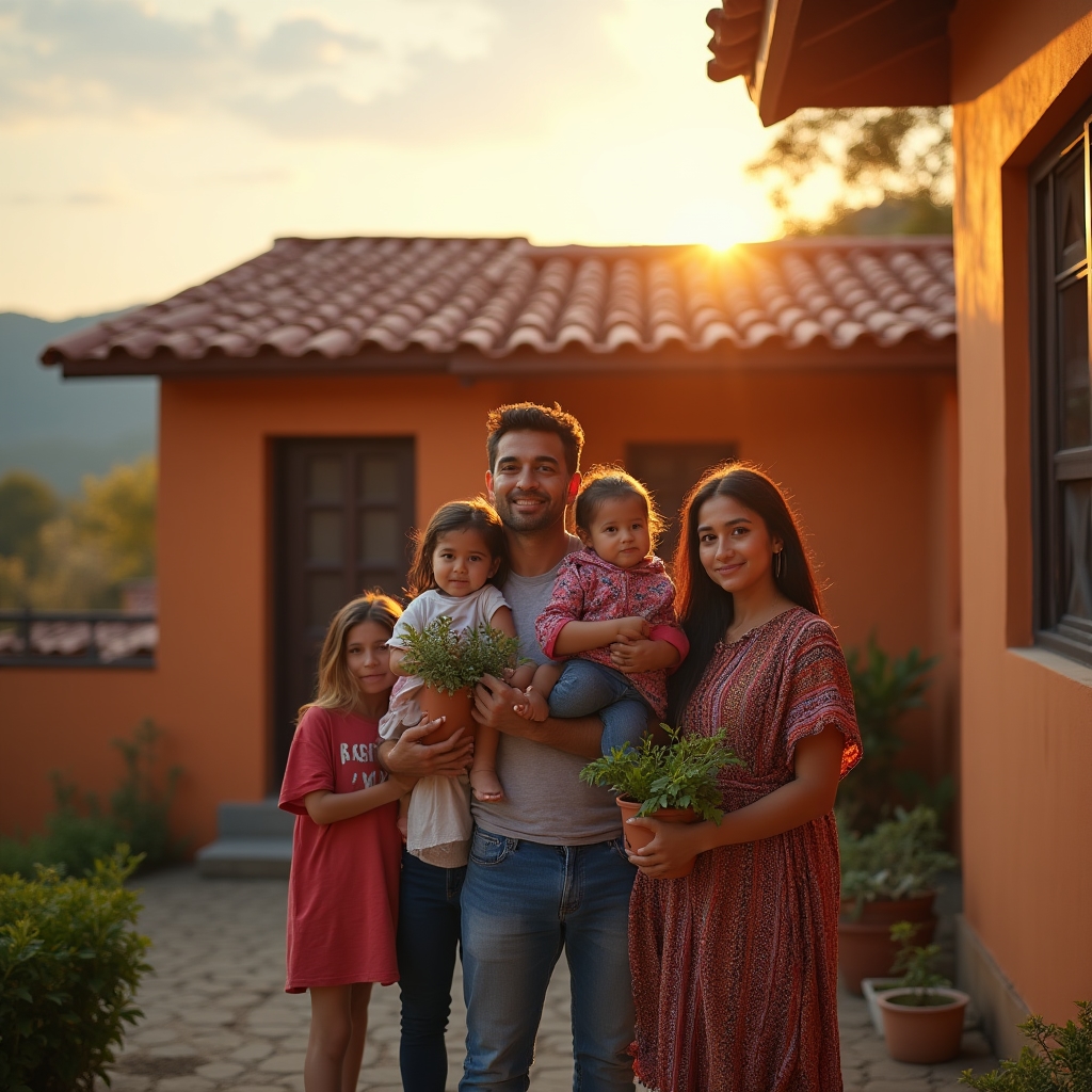 Happy Guatemalan family in front of their new home